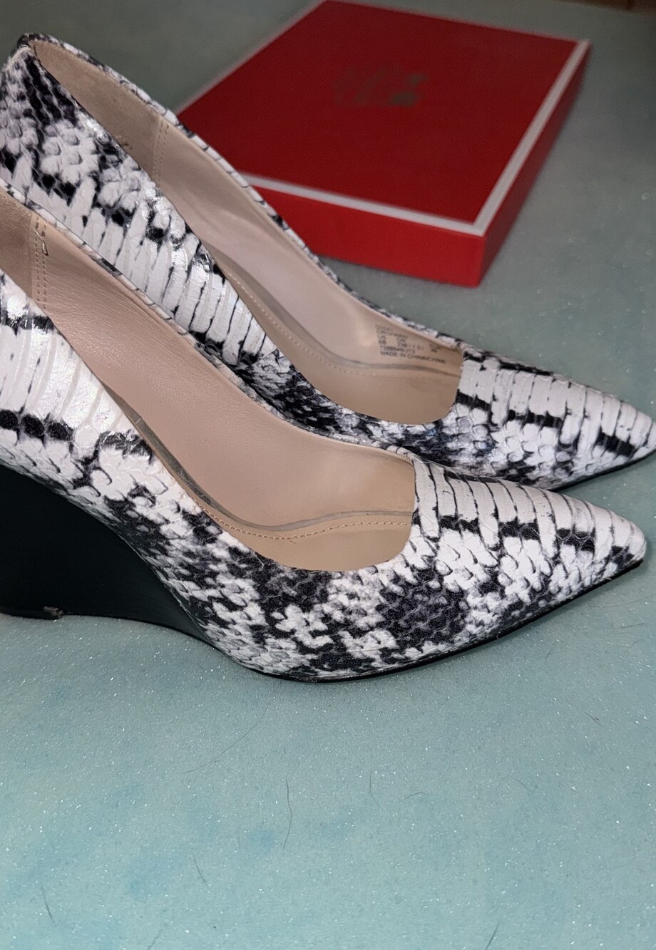 Coach Women’s Pointed Wedge Pumps in Black & White Snake Print